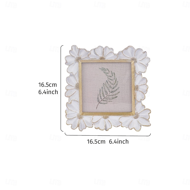 White Resin Photo Frame with Gold-Edged 3D Daisy Design, Square Picture Frame for Desktop Display, Horizontal and Vertical Use, Ideal for Home Decor and Photography Props3