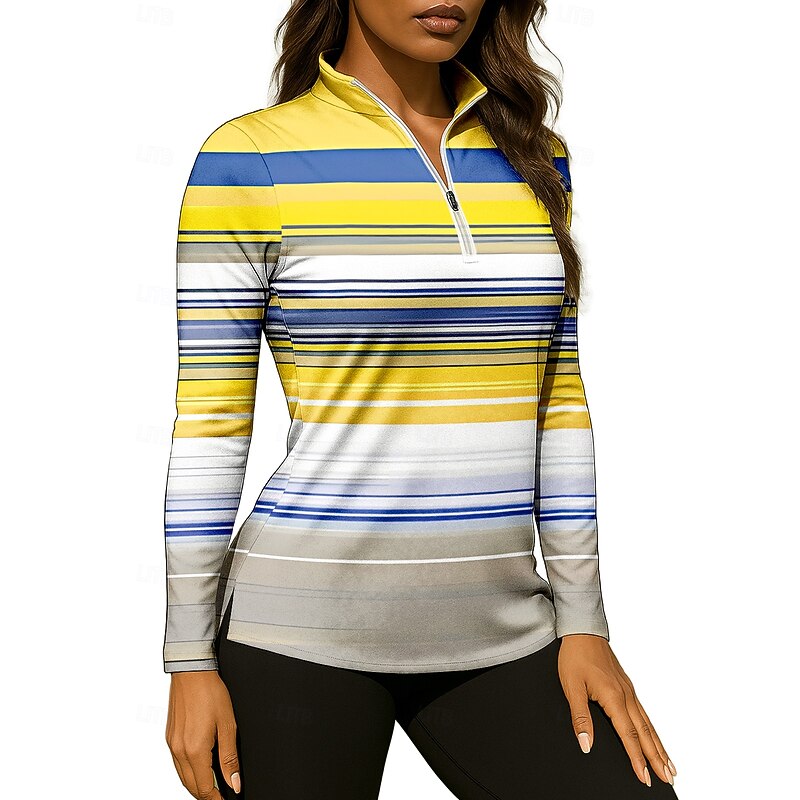 Women's Geometric Stripes Shirt Sport Shirt Golf Polo Shirt Tennis Shirt Long Sleeve Zipper Floral UPF50+ UV Resistant High Elasticity Moisture Wicking Breathable Tennis Golf Pickleball High Neck3