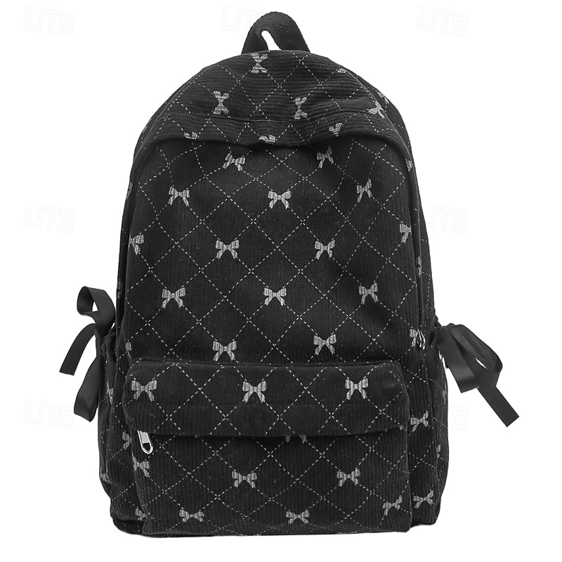 Girls' Black Bow Pattern Backpack – Cute Corduroy School Bag with Side Ribbon Detail for Teen Students & Daily Use