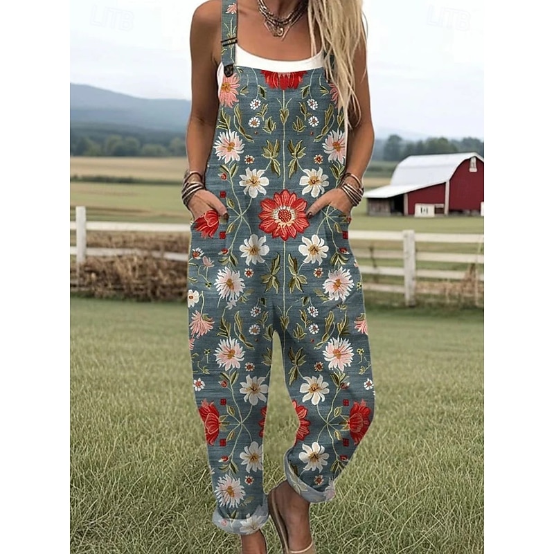 Women's Dungarees Active Floral Sleeveless Harem Drawstring with Pocket Vacation Street Loose Fit Black White Purple Summer3