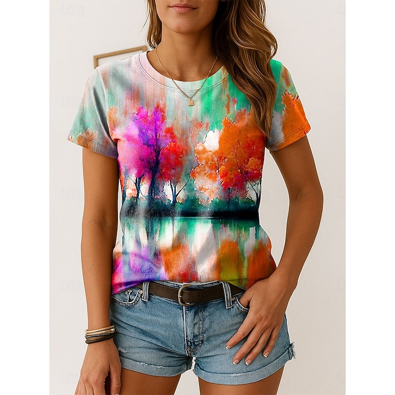 Women's T Shirt Ombre Graphic Vintage Stylish Classic Short Sleeve Crew Neck Regular Tops Daily Weekend Print Yellow Purple Orange Summer Spring3