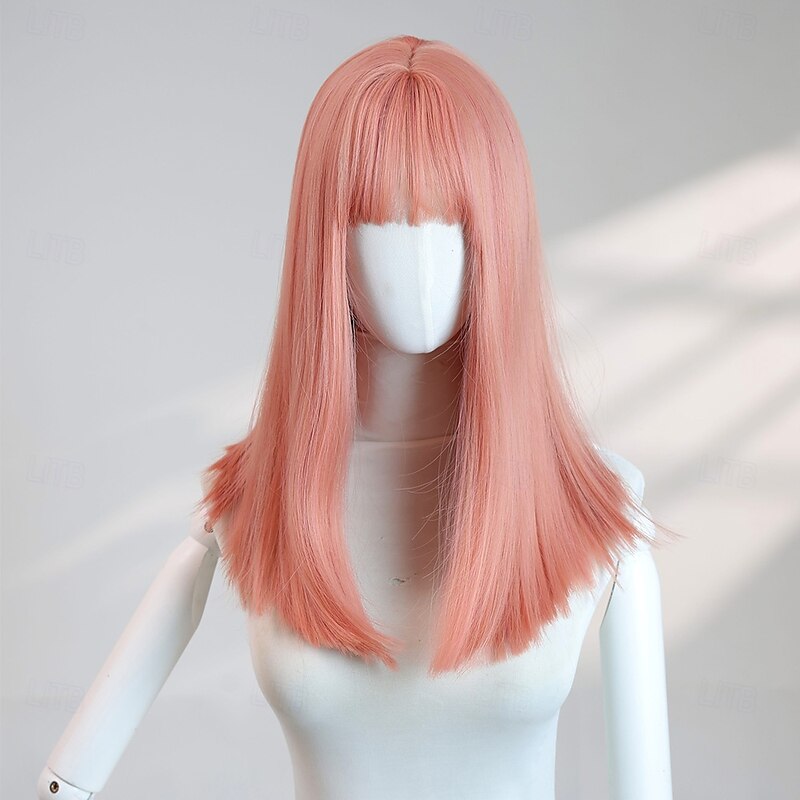 Women's 16″ Pink Straight Halloween Wig – Mid‑Length Hair with Bangs, Ideal for Costume Parties, Cosplay & Everyday Fashion2
