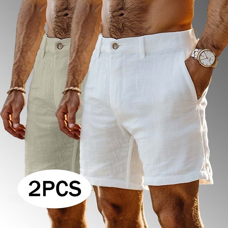 Men's Shorts Linen Shorts Dress Shorts Summer Shorts Beach Shorts Pocket Buttons Straight Leg Plain Comfort Breathable Knee Length Outdoor Casual Daily Fashion Streetwear White+khaki White+Navy Blue