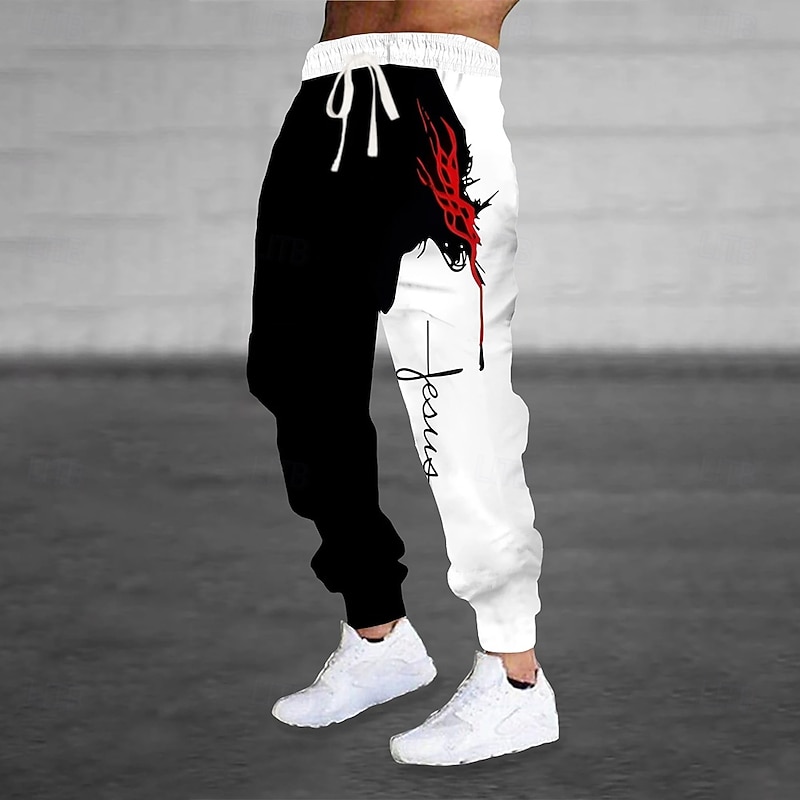 Men's Templar Cross Flame Jesus Sweatpants Joggers Trousers Mid Waist Drawstring Elastic Waist Dark Gothic Style Jogging Streetwear Workout Athletic Sweatpants with Pockets Spring Fall 3D Print Black