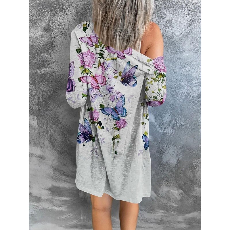 Women's Casual Jacket Comfortable Breathable Print Casual Butterfly Vacation Street Casual Daily Wear Single Breasted Long V Neck Regular Fit Long Sleeve Outerwear White Red Purple Summer Spring3