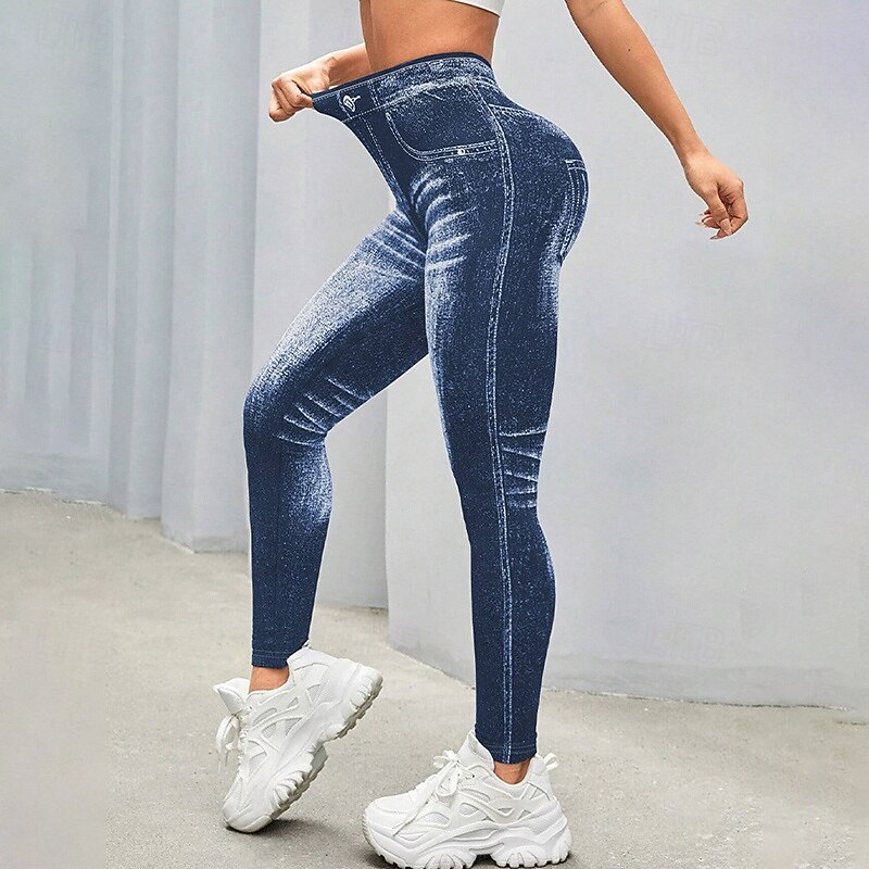 Women's Denim Print Fake Jeans Yoga Leggings Tummy Control High Waist Gym Dance Athletic Bottoms Blue Fall Sports Activewear Tight Fit4