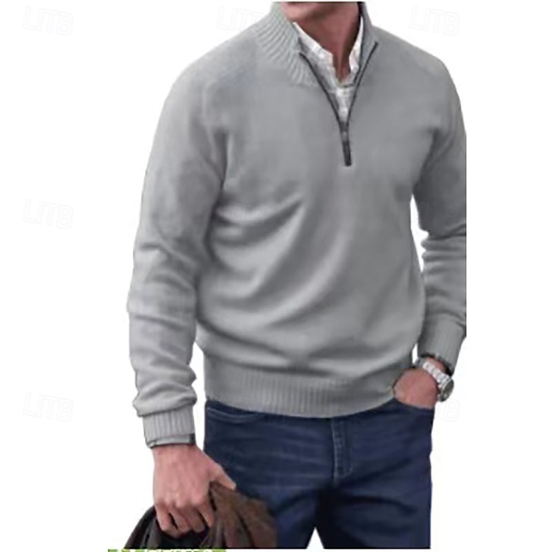 Men's Pullover Sweater Jumper Ribbed Knit Regular Tops Zip Up Knitted Plain Stand Collar Knitwear Modern Contemporary Casual Daily Wear Clothing Apparel Fall Winter Deep Purple Camel M L XL3