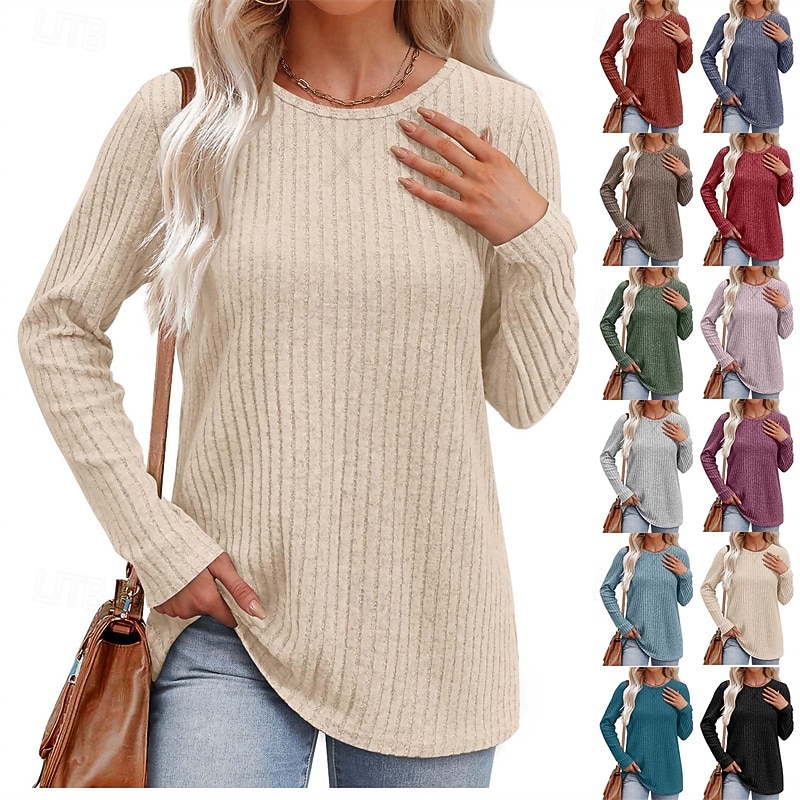 Women's Texture Blouse T Shirt Plain Fashion Modern Long Sleeve Crew Neck Regular Tops Daily Black Purple Beige Summer