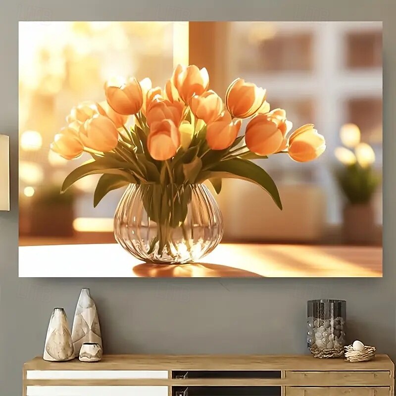 Large Frameless Modern Canvas Art - Vibrant Tulip Vase Paintings For Living Room And Bedroom Decoration Warm Golden Tones Glass Vases With Flowers Modern Wall Art In Neutral Spaces Bedroom Wall Ar4
