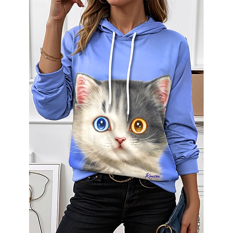 Kayomi Harai Women's Hoodie Pullover Sweatshirt Oversized Long Sleeve Casual Graphic Animal Cat Vintage Fashion Western Hooded Tops Street Dailywear Holiday Print Yellow Blue Purple Fall Winter2