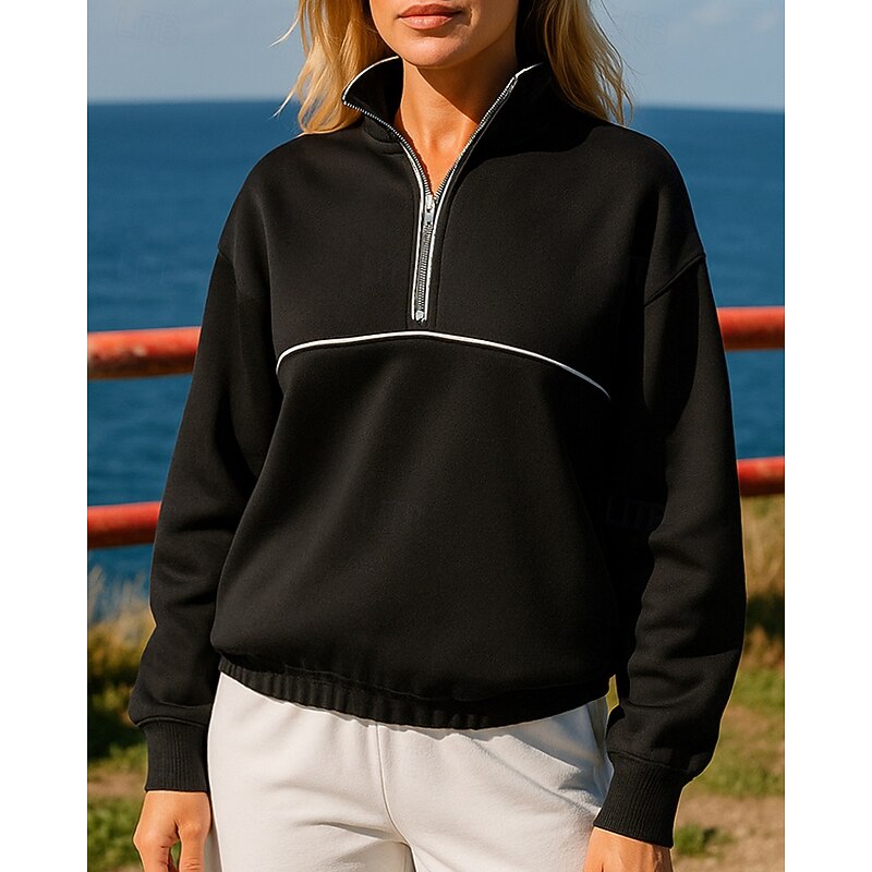 Women's Pullover Sweatshirt Casual Hoodies Half Zip Long Sleeve Top Athleisure Fall Solid Colored Sun Protection Windproof Outdoor Jogging Running Sportswear Activewear Black White Khaki