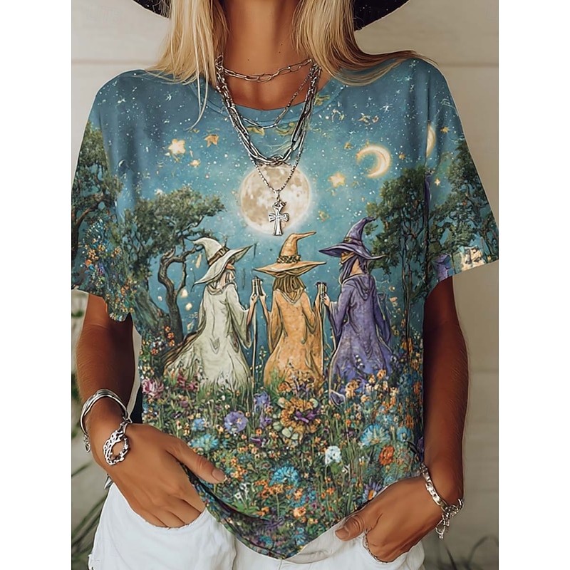 Halloween Women's T shirt Witch Graphic Abstract Vintage Stylish Classic Short Sleeve Crew Neck Round Neck Regular Tops Daily Print Green Summer Spring Fall