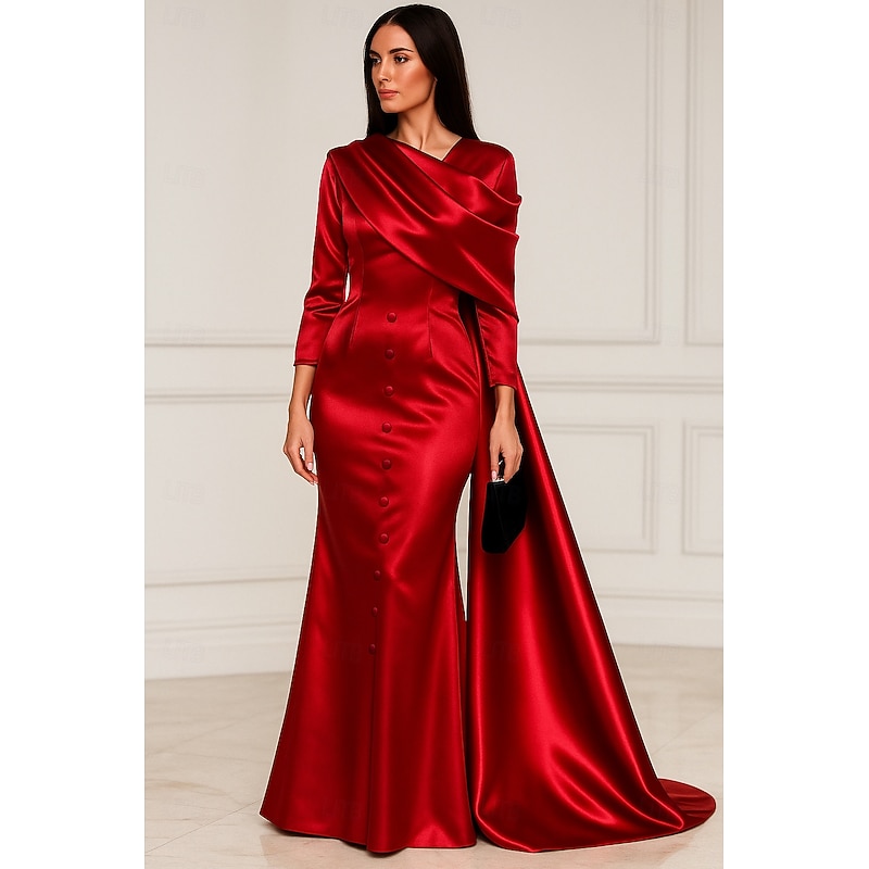 Red Cape Stretch Satin Mermaid / Trumpet Evening Gown Elegant Dress Formal Wedding Floor Length Long Sleeve Queen Anne with Pleats Shawl