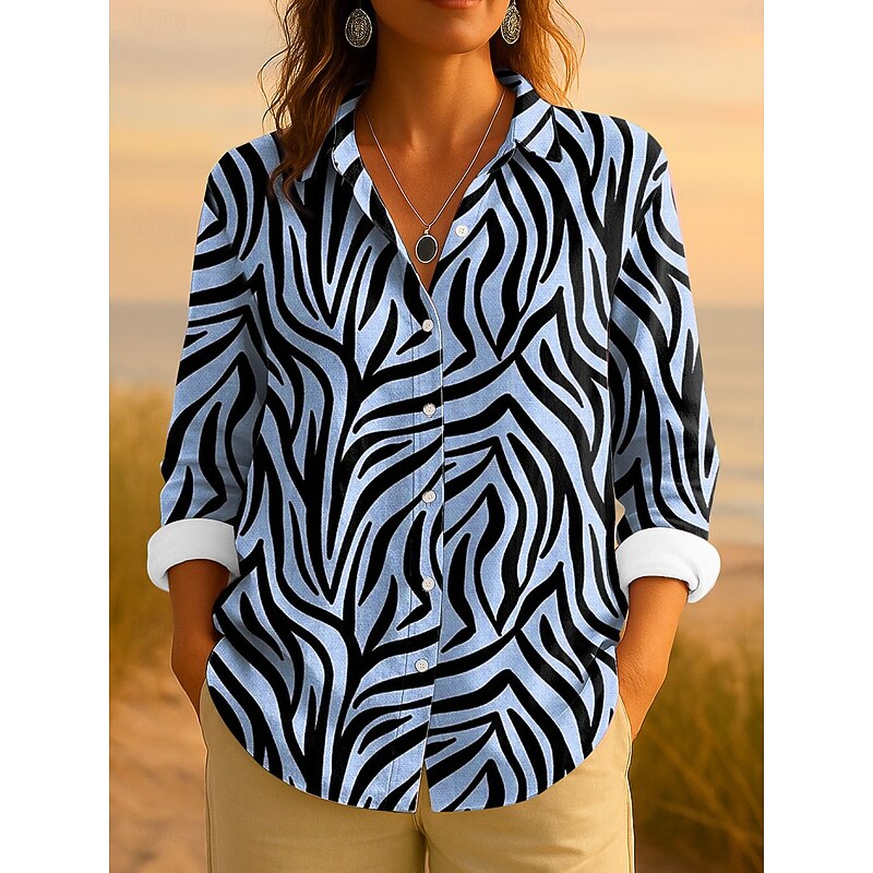 Women's Shirt Button Down Tunic Shirt Collar Long Sleeve Graphic Geometric Striped Vintage Tropical Daily Regular Tops Work Daily s Print Blue Purple Green Khaki Spring3