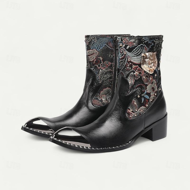 Men's Black Cowhide Western Biker Boots with Floral Embroidery and Metal Toe, Retro Cowboy Style for Motorcycle Riding, Country Events and Festival Fashion3