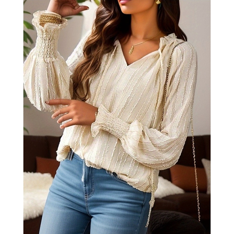 Women's Texture Blouse Lace Shirt Blouse Chiffon Tops Plain Modern Casual Long Sleeve V Neck Regular Tops Daily Holiday Going out Lace Apricot Fall3