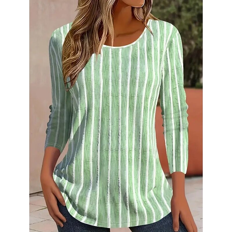 Easter Women's T shirt Crew Neck Long Sleeve Tunic Graphic Striped Plants Vintage Stylish Classic  Round Neck Regular Tops Daily Print Yellow Pink Blue Green Khaki Fall2