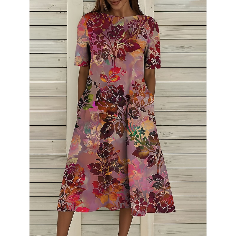 Women's Midi Dress T Shirt Dress Tee Dress A Line Dress Summer Dress Vacation Casual Beach Date Summer Dress Regular Fit Floral Graphic Short Sleeve Crew Neck Red Blue Green Summer Spring2