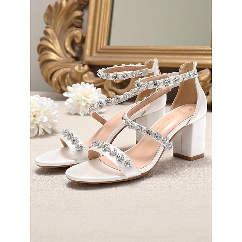 Women's White Rhinestone Block Heel Sandals - Elegant Open Toe Ankle Strap Shoes for Cocktail Parties and Formal Events