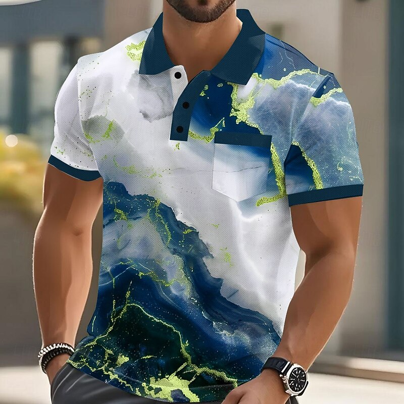 Men's Geometic Marble Polo Short Sleeve Polo Shirts Collared Shirts Business Casual Outdoor Athleisure Daily Wear 3D Print Buttons Summer Red Blue Purple