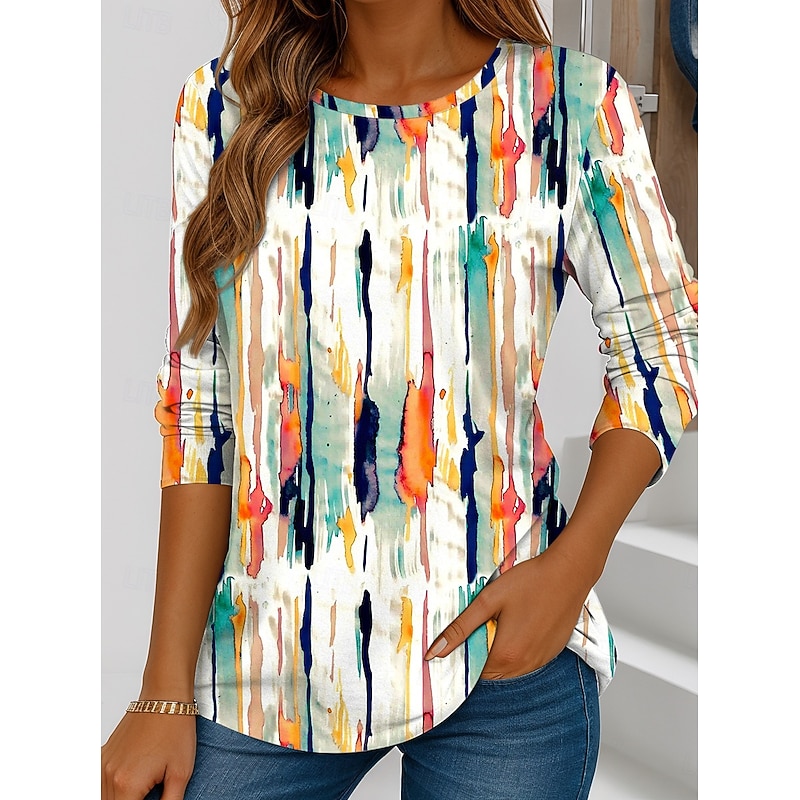 Women's T shirt Long Sleeve Crew Neck Long Sleeve Tunic Graphic Geometric Striped Vintage Stylish Regular Tops Daily Print White Blue Purple Orange Brown Fall Prefall