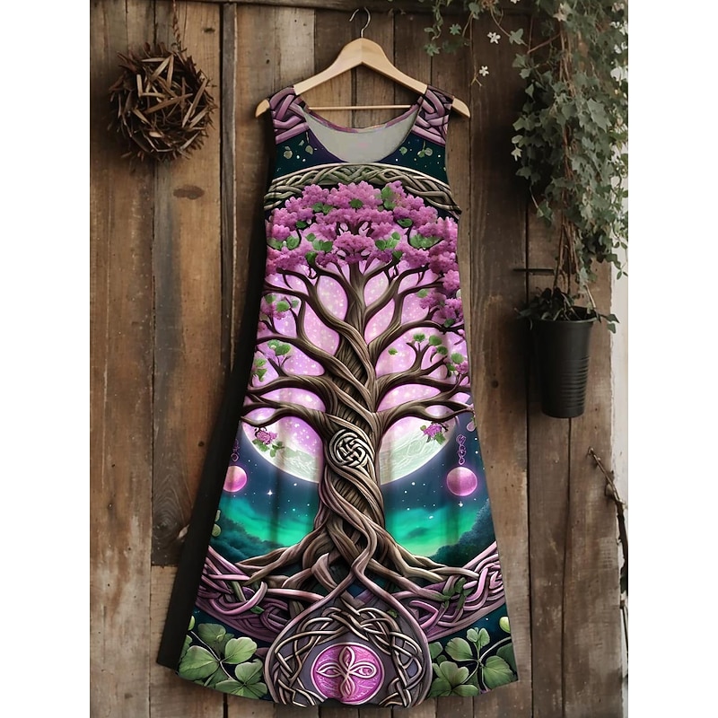 Women's Tree of Life Merkabah Midi Dress Sundress A Line Dress Vacation Casual Boho Wedding Party Going out Standard Fit Floral Graphic Leaf Sleeveless U Neck Blue Dark Green Purple Green Summer4