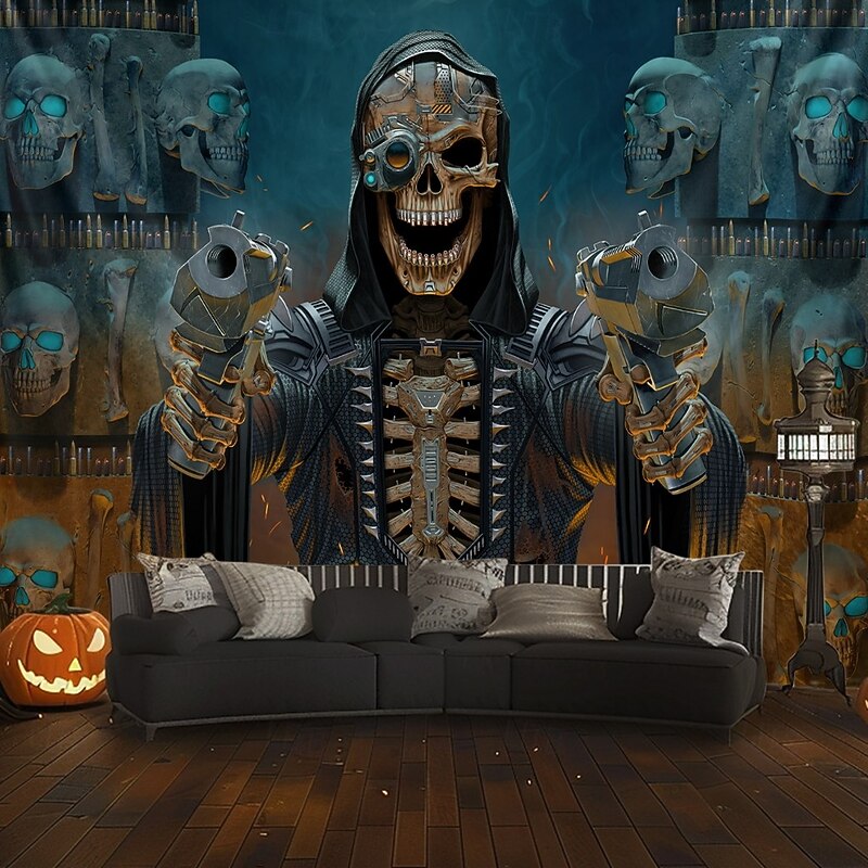Halloween Hanging Tapestry The Bullet Reaper by Vincent Hie Photograph Backdrop Jack O Lantern Wall Art Large Tapestry Mural Decor Blanket Curtain Home Bedroom Living Room Decoration Death Selfie