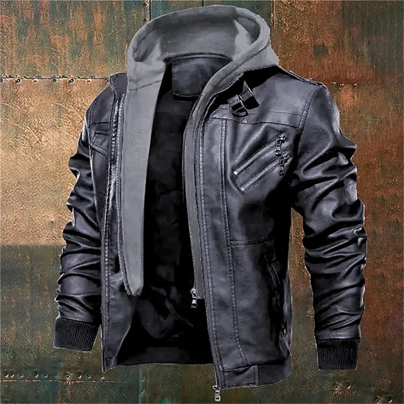 Men's Faux Leather Jacket Biker Jacket Motorcycle Jacket Vacation Daily Windproof Warm Pocket Fall Winter Plain Fashion Classic Hooded Regular Black Coffee Gray Jacket2