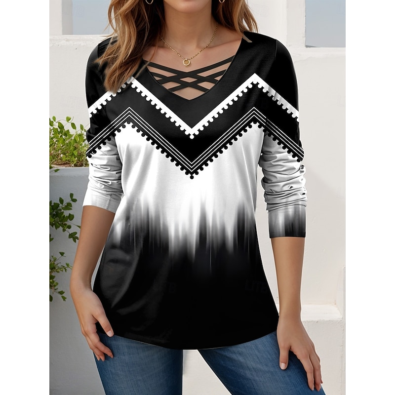 Women's T shirt Long Sleeve Graphic Geometric Gradient Vintage Stylish Modern Long Sleeve V Neck Regular Tops Daily Sports Going out Cut Out Print Gray / White Black Blue Green Spring Fall Prefall