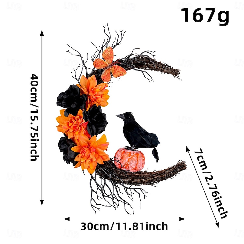 Halloween Wreath for Front Door Indoor Outdoor Decoration, Orange Black Crow Moon Garland with Pumpkin, Twigs, Vine Ring for Party Wall Decor3