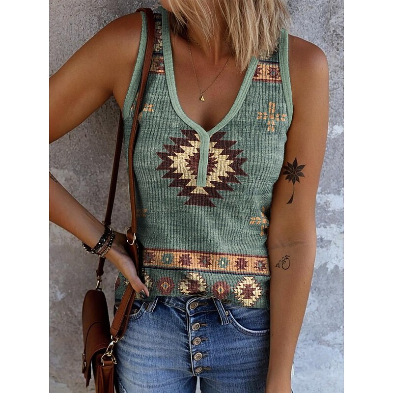 Women's Camisole Tank Top Graphic Geometric Vintage Stylish Ethnic Sleeveless V Neck Regular Tops Daily Print Sage Green Light Brown Orange Green Khaki Summer Spring