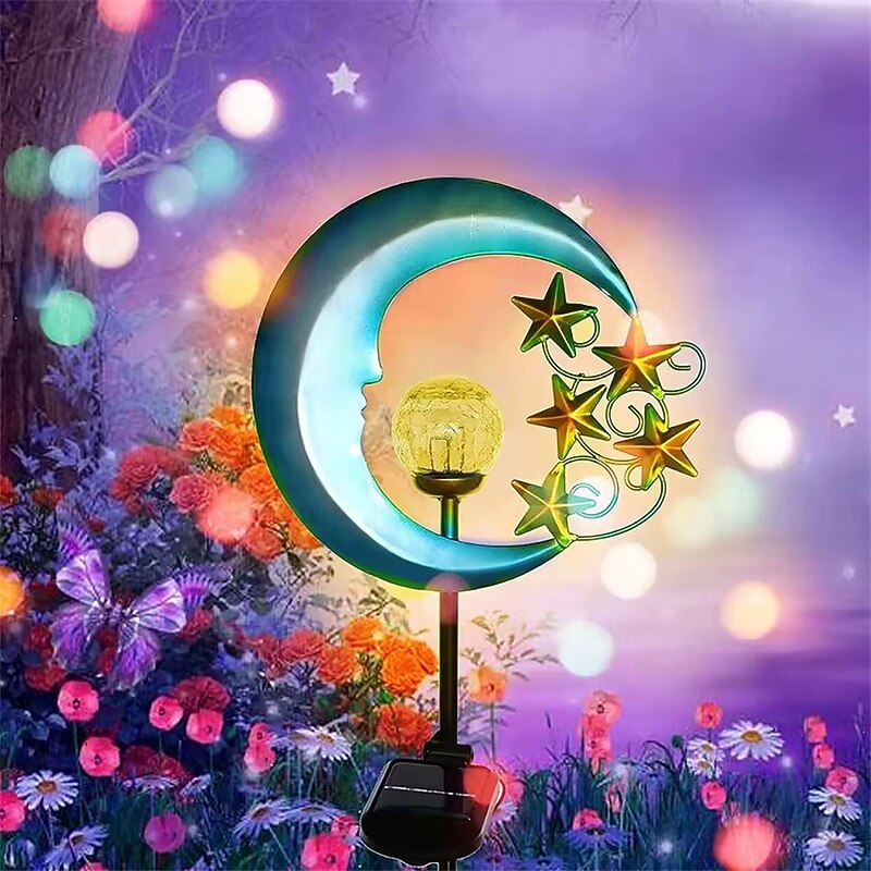 Outdoor Solar Lights Moon-Shaped Metal Fairy Lantern Waterproof LED Garden Landscape Light for Patio and Yard Decor  1PC