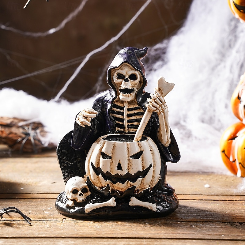 Halloween Skeleton Decor Resin Statue, Vintage Spooky Skeleton Brewing Potion Figurine, Funny Tabletop Decoration for Halloween Party, Haunted House, Home Desktop Display