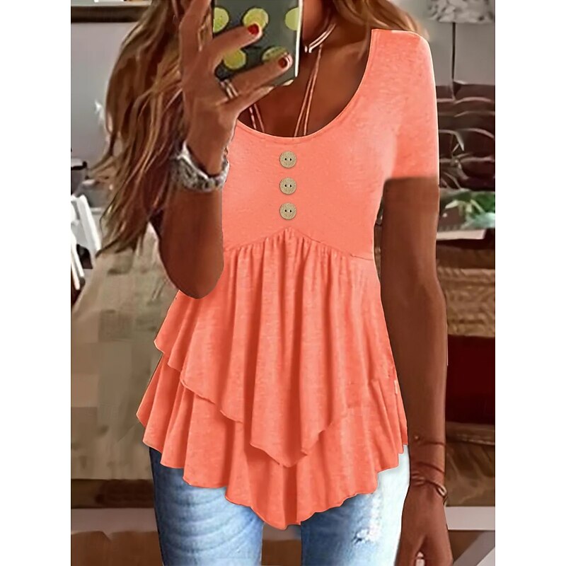 Women's Blouse Peplum Solid Color Stylish Casual Short Sleeve Crew Neck Regular Tops Daily Ruffle Buttons Black White Blue Orange Green Summer Spring