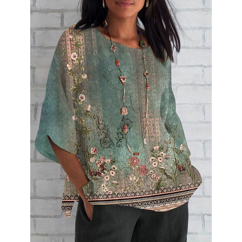 Women's Shirt Floral Daily Casual 3/4 Length Sleeve Crew Neck Regular Tops Daily Holiday Print Green Summer Spring Fall