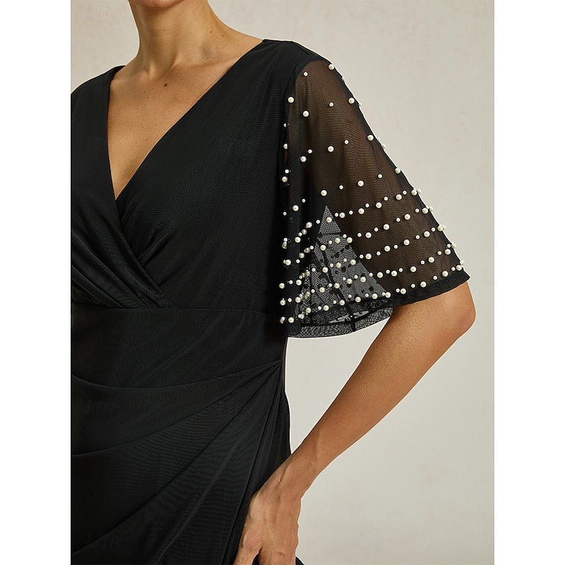 Women's Maxi Dress Sheath Dress Elegant Party Birthday Solid Color Short Sleeve V Neck Black Summer2