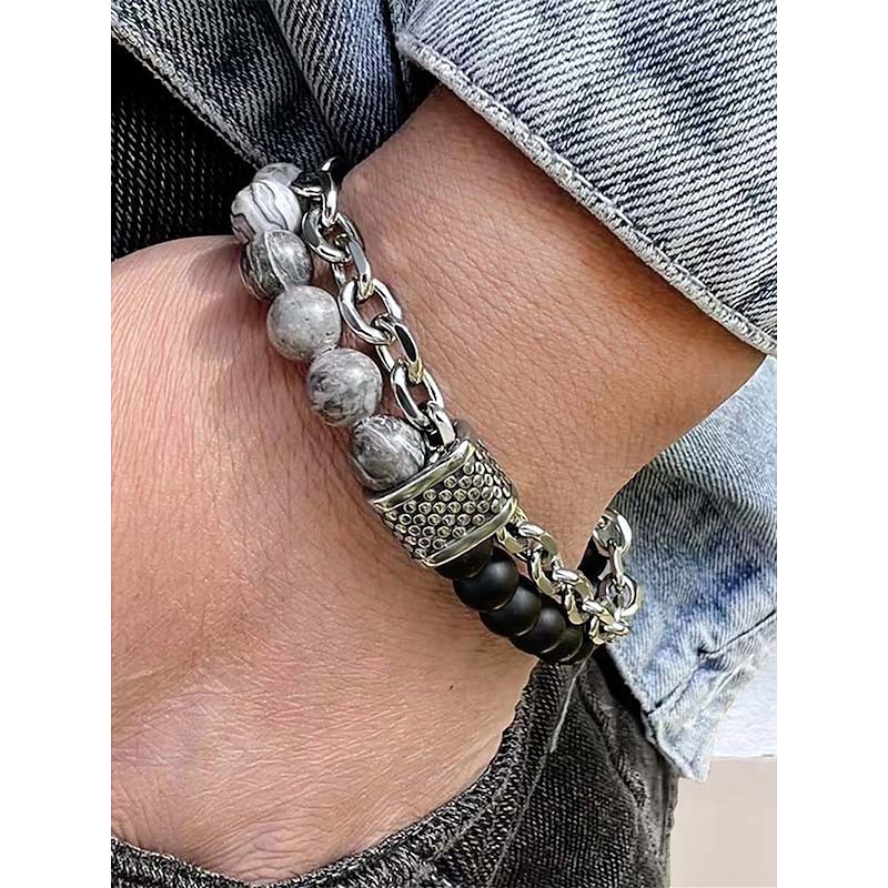 Men's Natural Stone Beaded Chain Bracelet – Dual-Strand Adjustable Wristband with Toggle Clasp for Casual, Streetwear and Party Fashion2