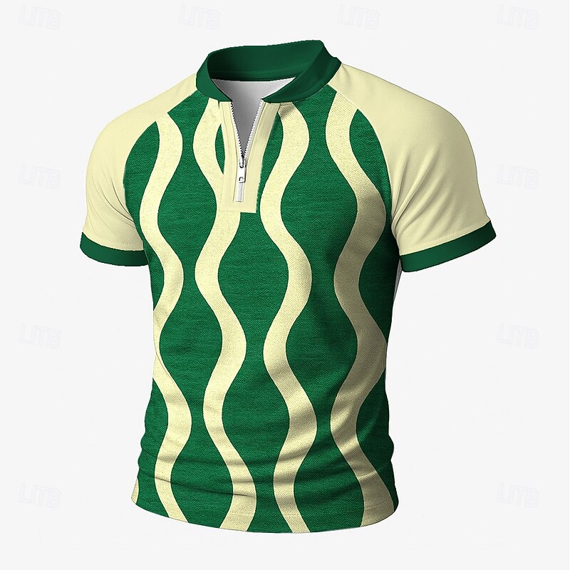 Men's Geometic Line Zip Polo Short Sleeve Stand Collar Business Modern Leisure Business Athleisure Casual Daily Zipper 3D Print Summer Robin's Egg Blue Green Red2
