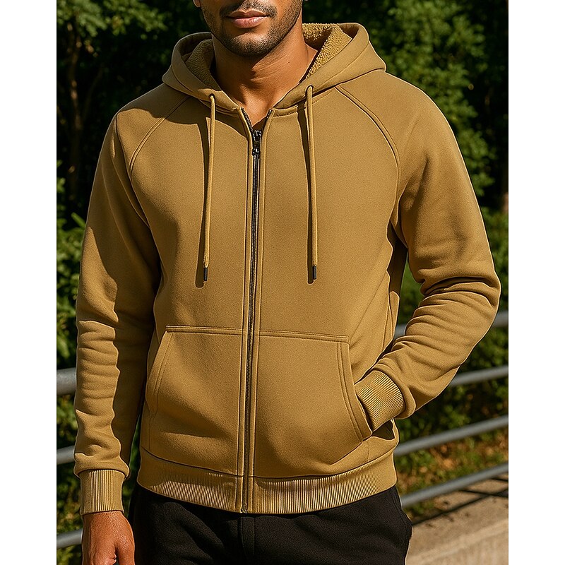 Men's Running Jacket Outdoor Jacket Hooded Jacket Drawstring Pocket Long Sleeve Top Athleisure Solid Colored Thermal Warm Breathable Gym Workout Running Sportswear Activewear Black Green Khaki