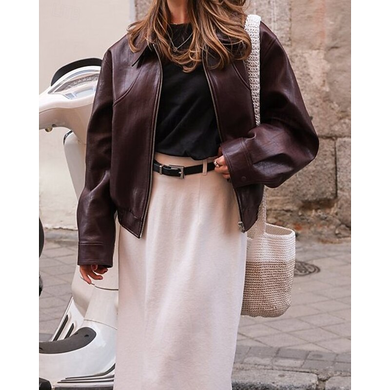 Women's Faux Leather Jacket Comfortable Zipper Fashion Plain Holiday Weekend Zipper Regular Turndown Regular Fit Long Sleeve Outerwear Wine Fall Winter4