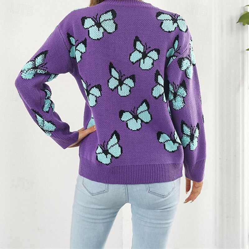 Women's Pullover Casual Butterfly Chunky Crew Neck Knitted Long Sleeve Regular Tops Knit Daily Holiday Going out Blue Purple Fall Winter2