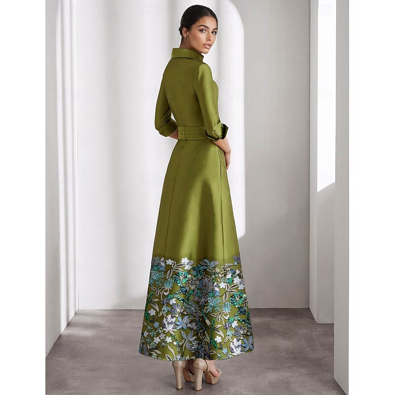 A-Line Mother of the Bride Evening Gown Elegant Dress Formal Wedding Floor Length Long Sleeve Shirt Collar Pocket Satin with Glitter Pocket2