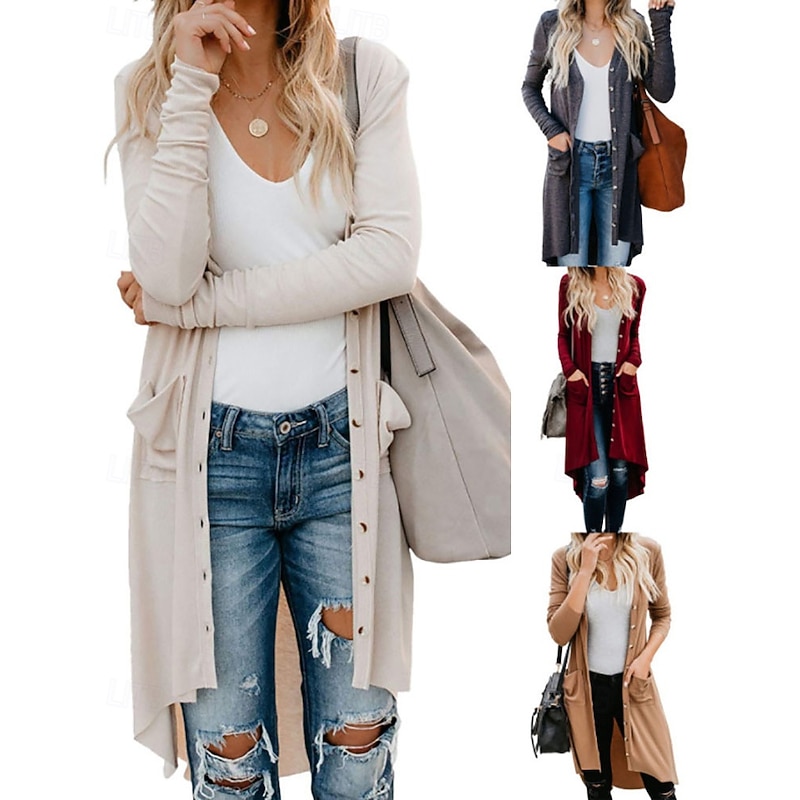 Women's Sweater Cardigan Fashion Streetwear Daily Solid Color Ribbed Open Front Pocket Knitted Long Sleeve Long Tops Knit Holiday Going out Weekend Wine Brown Fall Winter