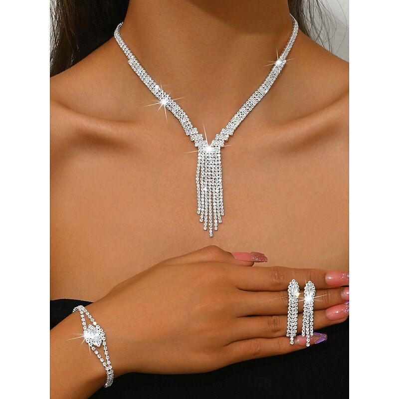 Women's Sparkling Rhinestone Jewelry Set - Elegant Silver Necklace, Bracelet, Earrings and Ring, Luxurious Statement Accessories for Evening Dance and Cocktail Parties2