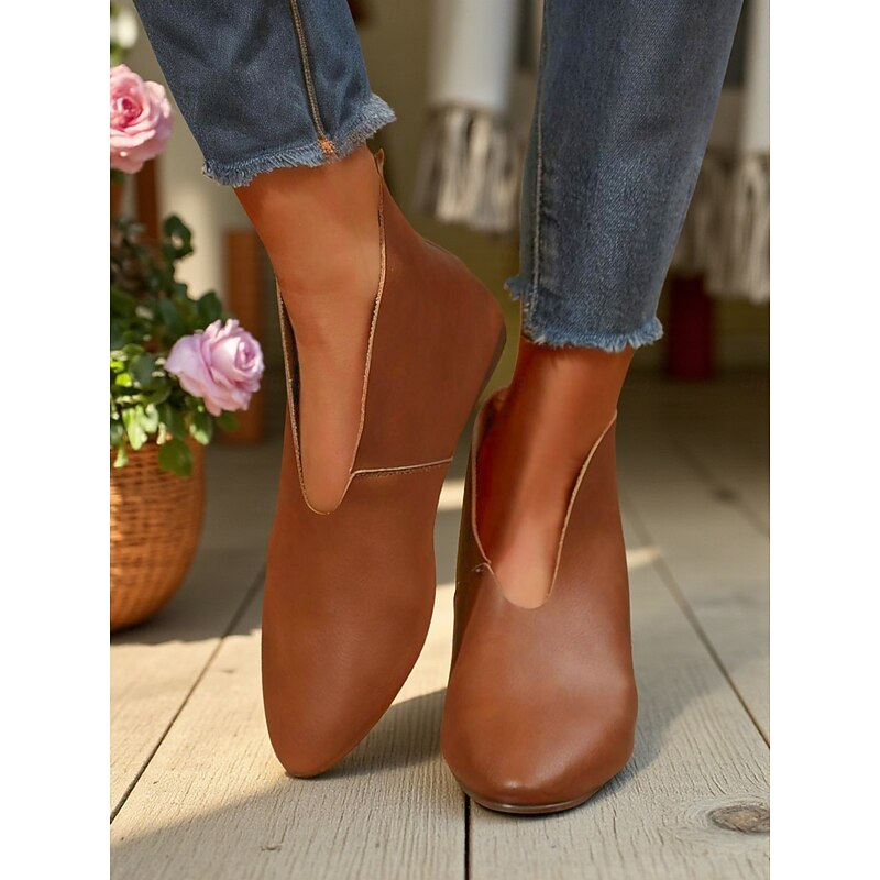 Women's Brown Faux Leather Flat Booties – Minimalist Casual Ankle Shoes for Fall, Porch Relaxation and Everyday Outfits3