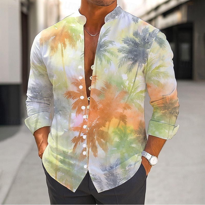 Men's Coconut Tree Gradient Color Tropical Plants Shirt Aloha Shirt Stand Collar Shirt Long Sleeve Hawaiian Vacation Daily Wear Going out Spring Fall Mandarin Collar Band Collar Button-Down Linen
