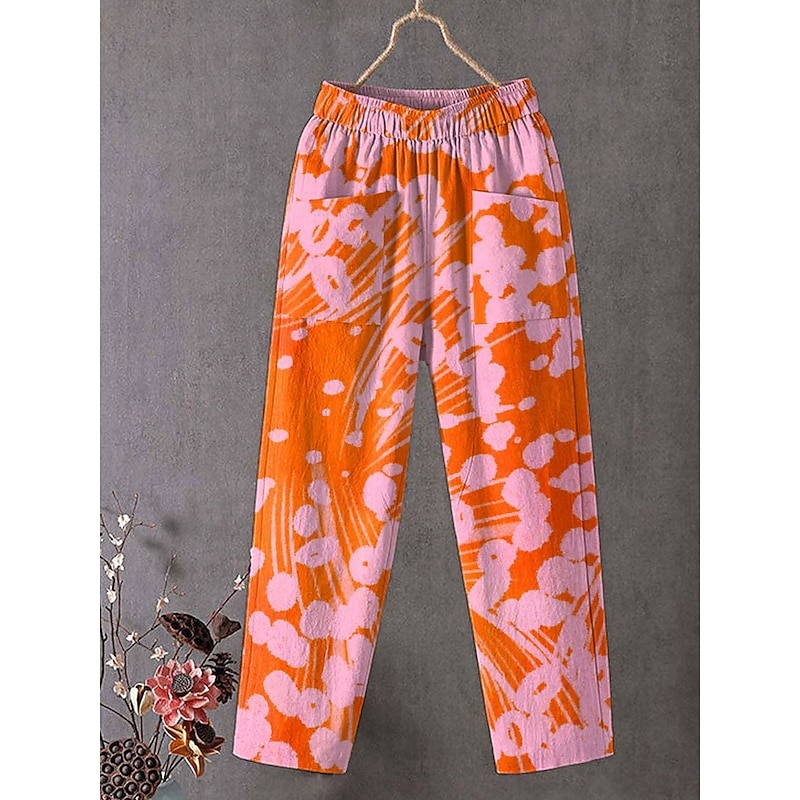 Women's Chinos Baggy Pants Straight Vacation Vintage Fashion Full Length High Waist Floral Graphic Plaid Embroidered Pocket Printing Soft Breathable Inelastic Formal Outdoor Vacation White Yellow3