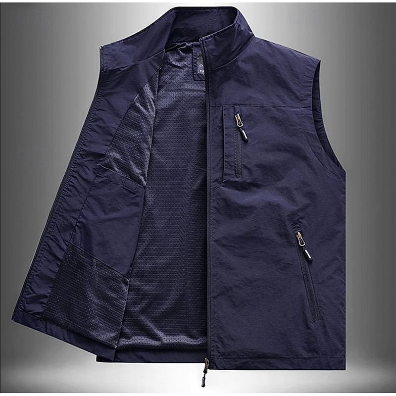 Men's Vest Gilet Outdoor Daily Fashion Casual Spring Fall Pocket Polyester Comfortable Plain Zipper Stand Collar Regular Fit Black Khaki Army Green Dark Blue Vest4