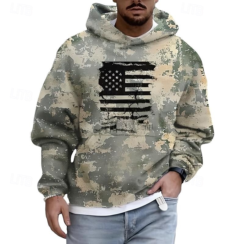 Men's Hoodie Green Light Green Gray Hooded Camo / Camouflage American Flag Front Pocket Daily Holiday Going out Polyester Streetwear Casual Fall Winter Clothing Apparel Hoodies Sweatshirts2