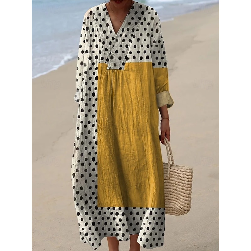 Women's Midi Dress V Neck Long Sleeve Kaftan Lightweight Loose Fit A Line Dress Casual Boho Going out Graphic Geometric Stripe Long Sleeve V Neck Ash Black Yellow Pink2